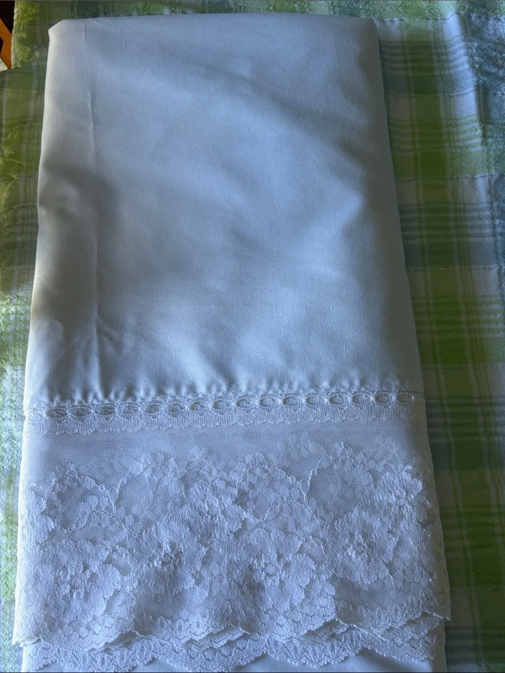 68” wide x 116” Long White Lace-Trim Table Linen